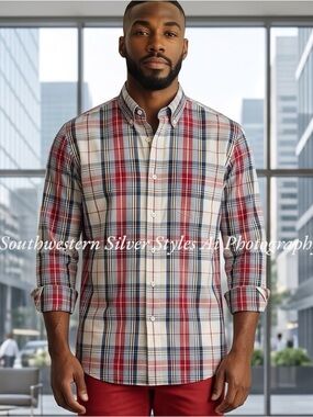 IZOD Classic Madras Plaid Red White Blue Colors Button Down Men’s Size XL Shirt